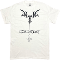 a white t - shirt with an image of a demon and a cross